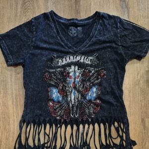 Womens Affliction Dark Gray Short Sleeve TeeShirt, Fringe Beaded Size Xl